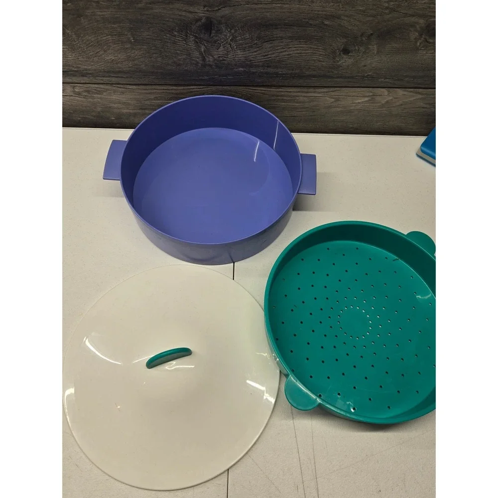 Vintage Tupperware Multi-Server‎ Steamer 3 Piece Set Purple Teal White 1273 1274